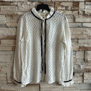 Sezane Off-White Lace Long Sleeve Blouse with Black Velvet Tie Detail - size 38